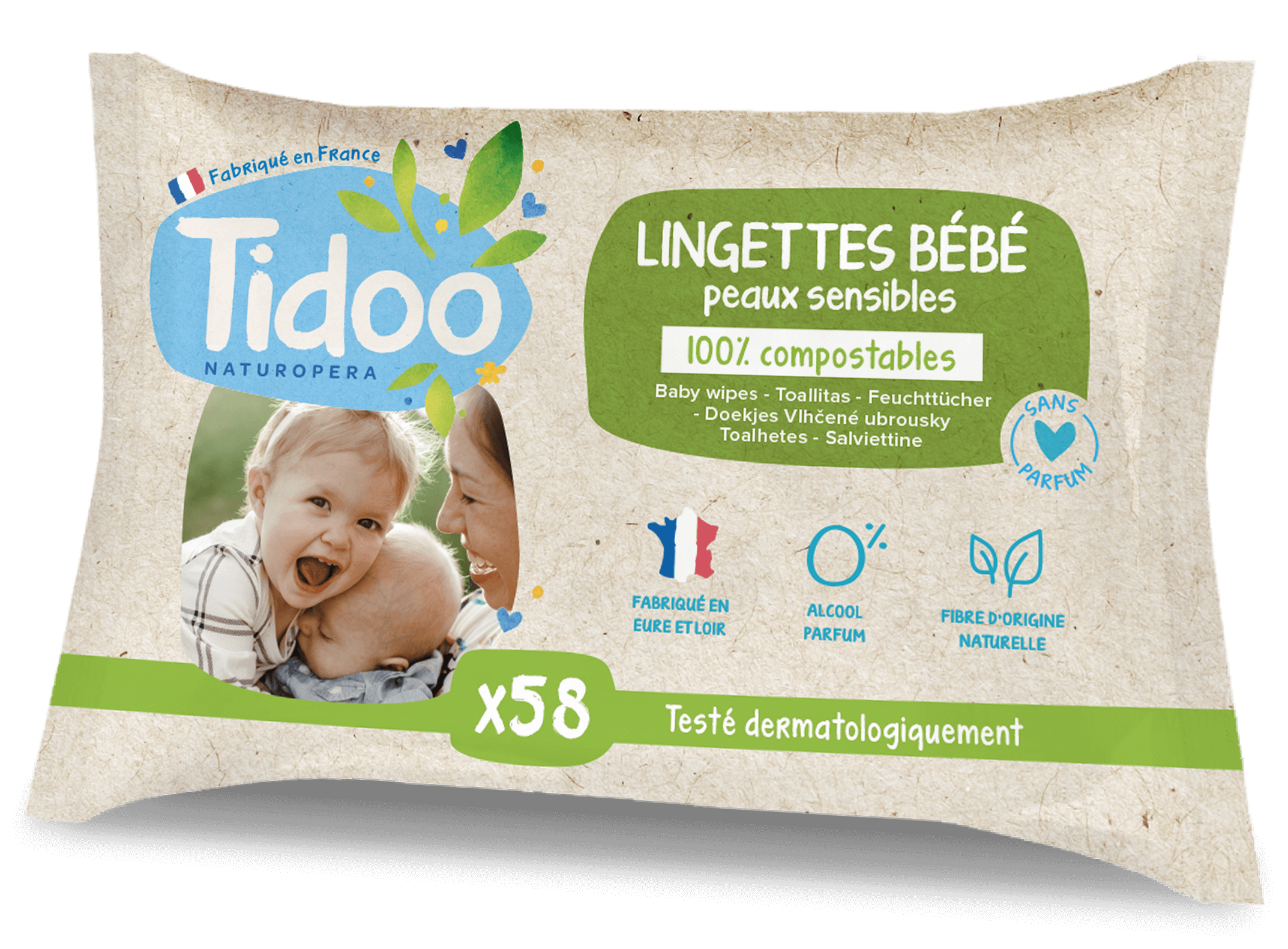 Tidoo Lingettes au calendula bio non parfumé compostable 58pc
